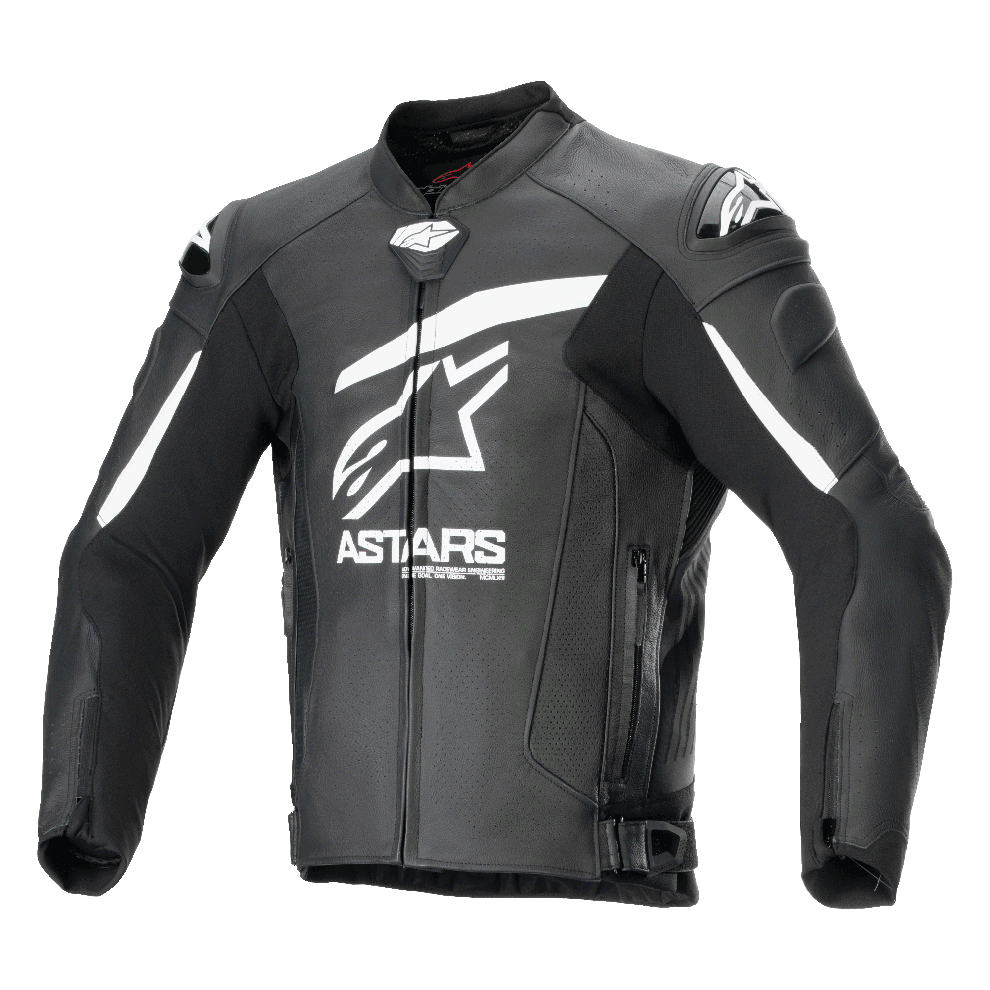 Alpinestars GP Plus R V4 Airflow Lederjacke, Schwarz und Weiß, Vorderansicht mit großem weißen Astars-Logo und Schriftzug auf der Brust, perforierte Lederbahnen für Luftzirkulation, DFS-Schulterschleifer, Reißverschlusstaschen und verstellbare Taillengurte, Premium-Leder-Motorradrennbekleidung