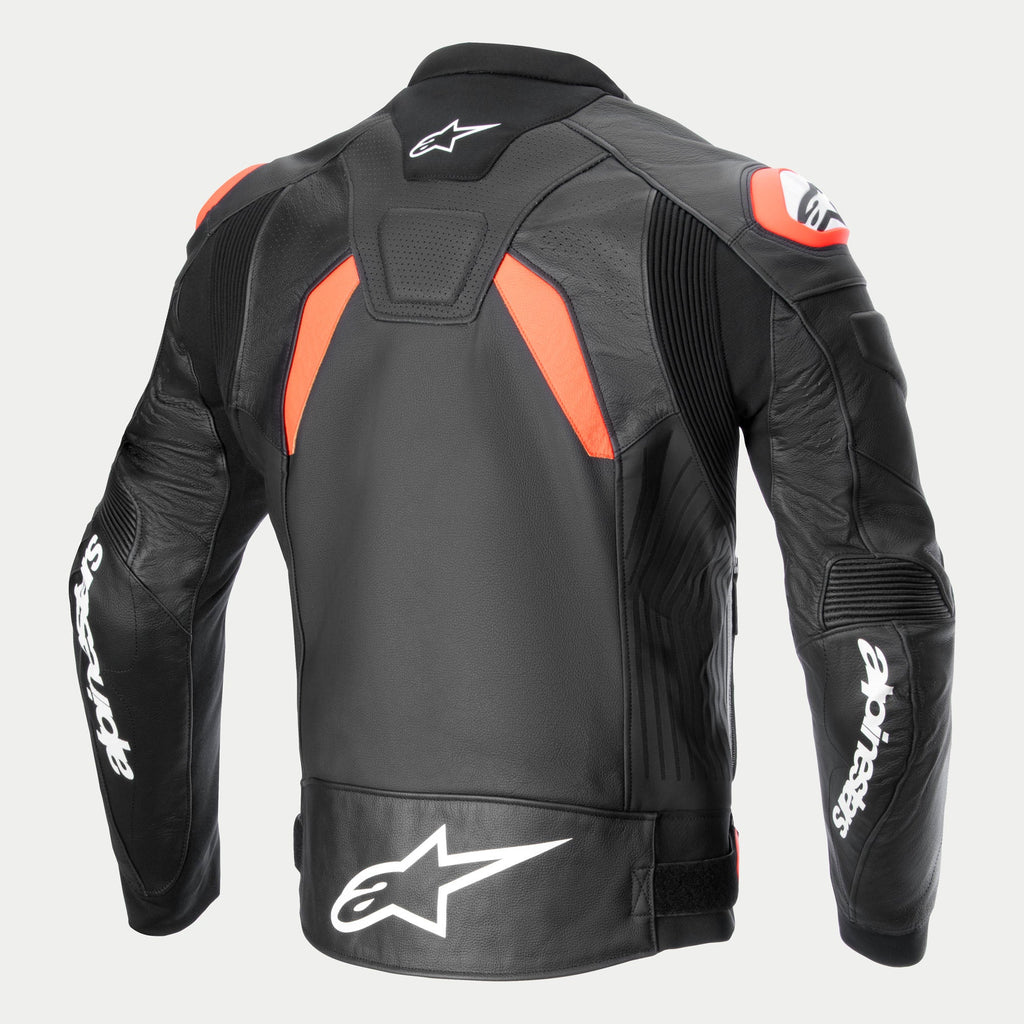 Alpinestars GP Plus R V4 Airflow Leather Jacket, men's motorcycle racing jacket, back view in black with red and white accents, featuring race-grade leather and perforated panels