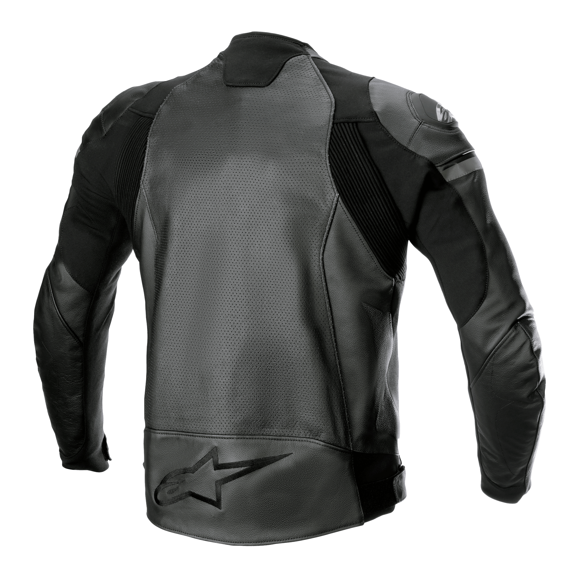 Alpinestars GP Force Airflow Leren Jas, zwart, achteraanzicht met geperforeerde buffelleren panelen, accordeon stretch-inzetstukken en groot reliëf sterlogo op de onderrug, sportieve motorrace-uitrusting