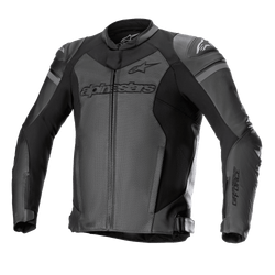Alpinestars GP Force Airflow Leather Jacket, Motorcycle Racing Jacket, Black and Dark Gray, Perforated Panels for Ventilation, external DFS Lite shoulder sliders, bold branding on chest and sleeves, premium leather construction with adjustable waist straps