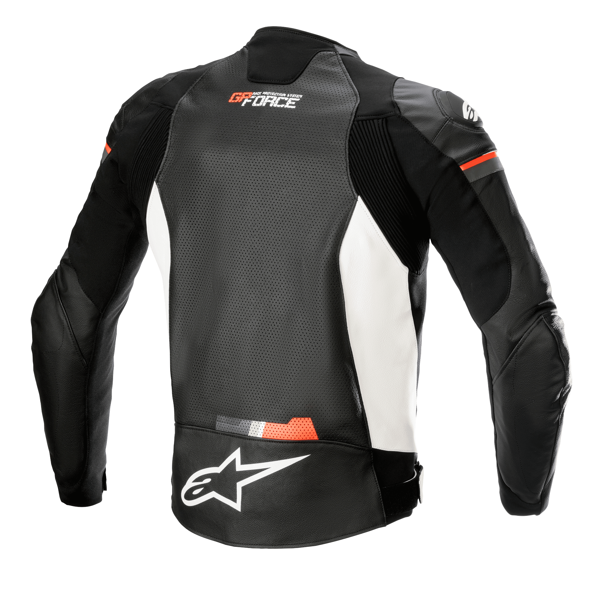 Alpinestars GP Force Airflow Leren Jas, achteraanzicht, zwart, wit en fluorood, geperforeerd lederen rugpaneel voor ventilatie, accordeon stretch-inzetstukken op de schouders en zijkanten, wit Alpinestars-logo op de onderrug, GP Force-branding op de bovenrug, sportieve motorkleding