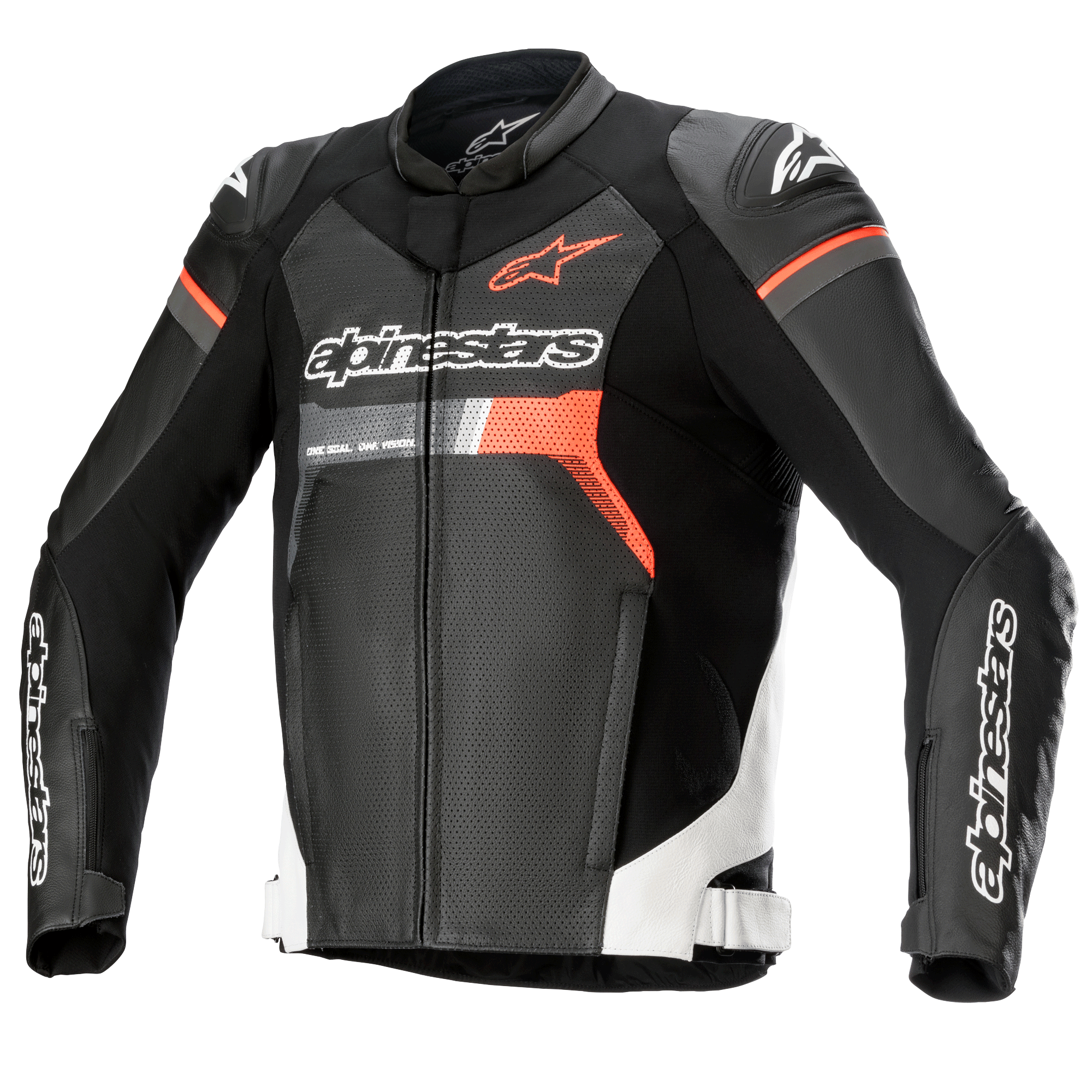Alpinestars GP Force Airflow leren motorjas, zwart met witte en rode fluo accenten, geperforeerde leren motorracejas met DFS Lite schouderprotectoren, Alpinestars branding op de borst en mouwen, geventileerd sportief ontwerp
