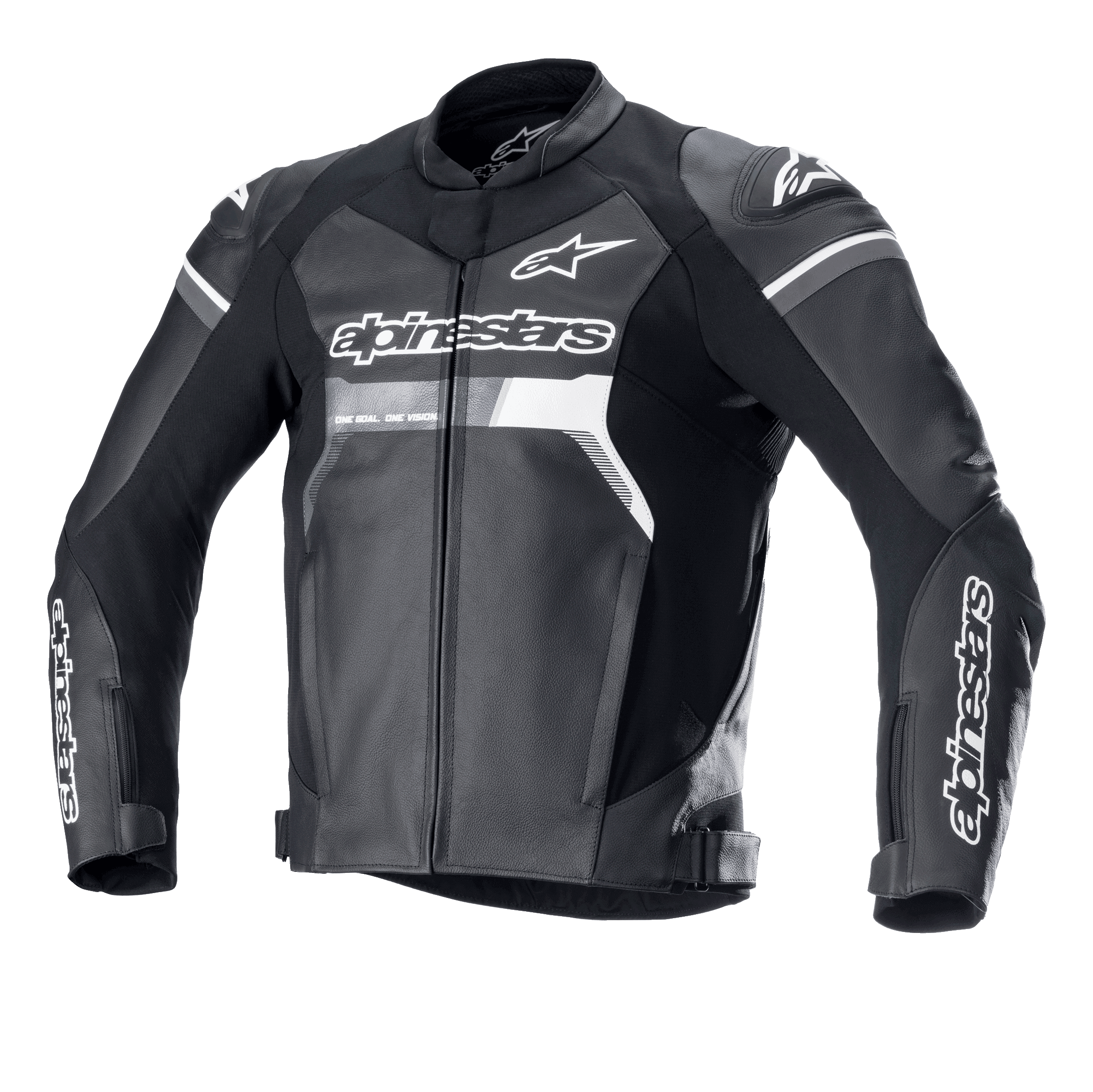 Alpinestars GP Force Leather Jacket, Black with white and grey accents, Motorcycle Racing Jacket, Premium bovine leather construction, bold Alpinestars branding on chest and sleeves, DFS Lite shoulder sliders, ergonomic sport fit for road riding.