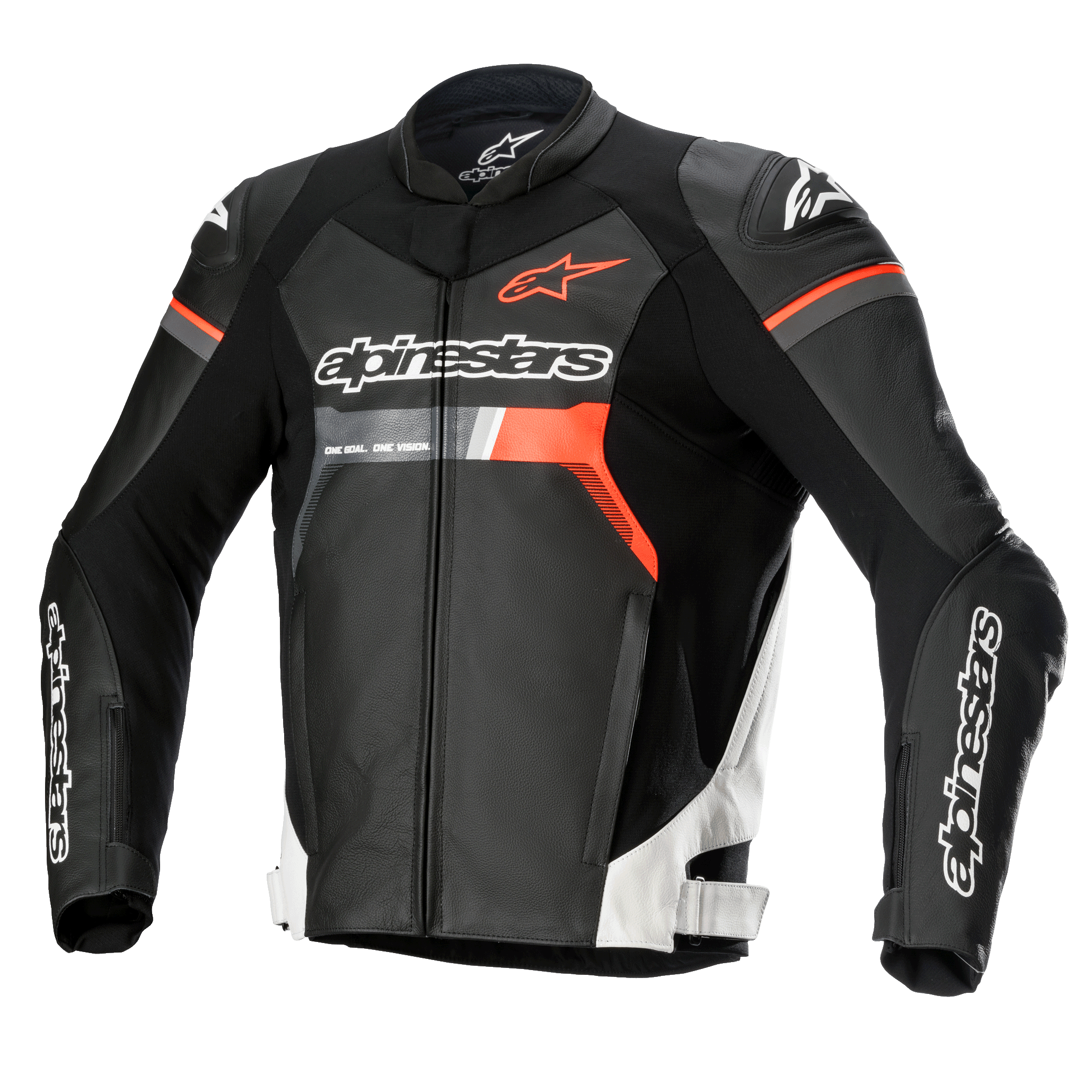 Alpinestars GP Force leren motorjas, racing motorjas, zwart met witte en rood fluo accenten, voorzien van opvallende Alpinestars-branding op de borst en mouwen, hoogwaardige runderleren constructie met DFS Lite schouderprotectoren, strak aerodynamisch silhouet