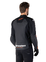 Alpinestars Faster V3 Leren Jas, sportief motorjack, zwart en fluo rood, met hoogwaardige lederen constructie, HRSF stretchpanelen en DFS GP Lite schouderprotectoren, strak op de racerij geïnspireerd design met technische details.