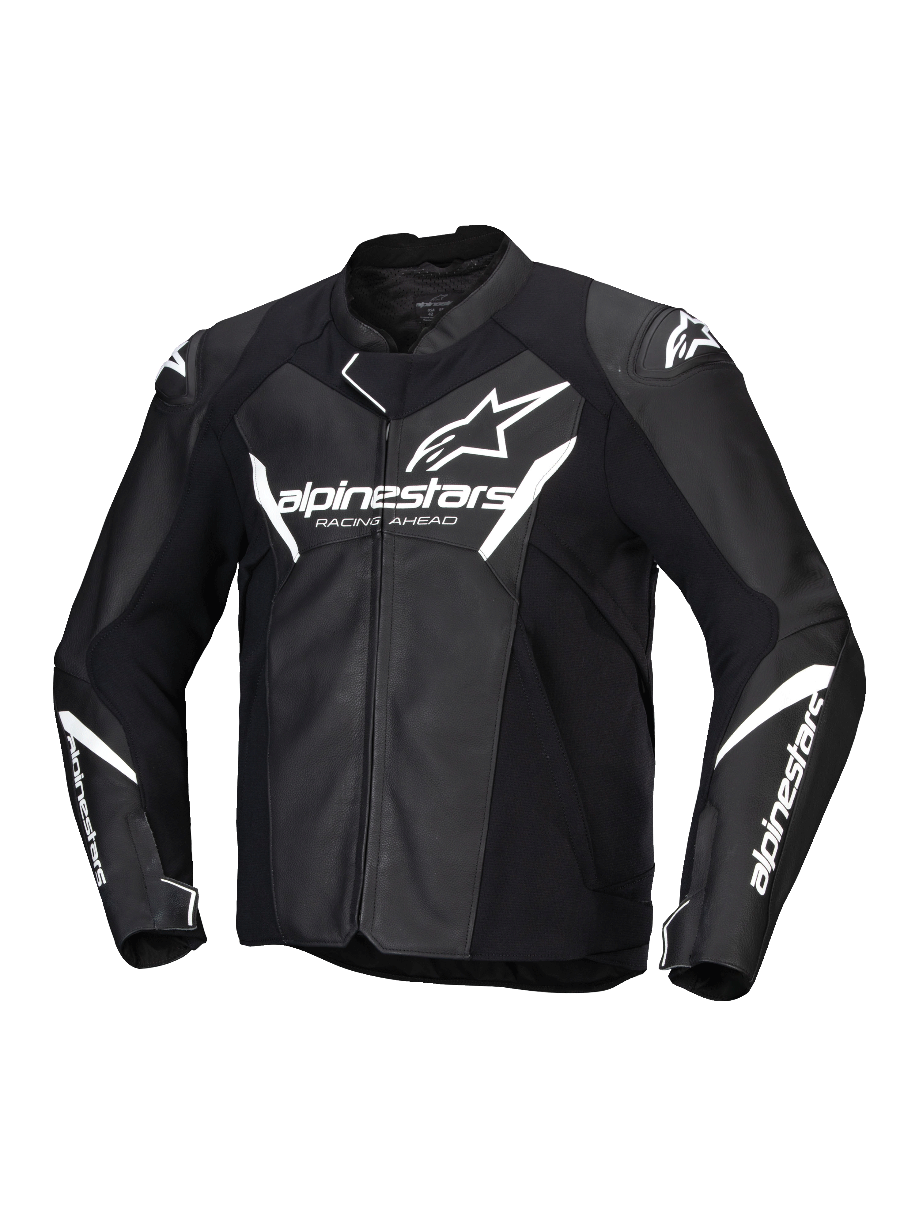Alpinestars Faster V3 Leather Jacket, men's sport motorcycle riding jacket in Black and White, CE certified AA with leather construction and HRSF stretch panels
