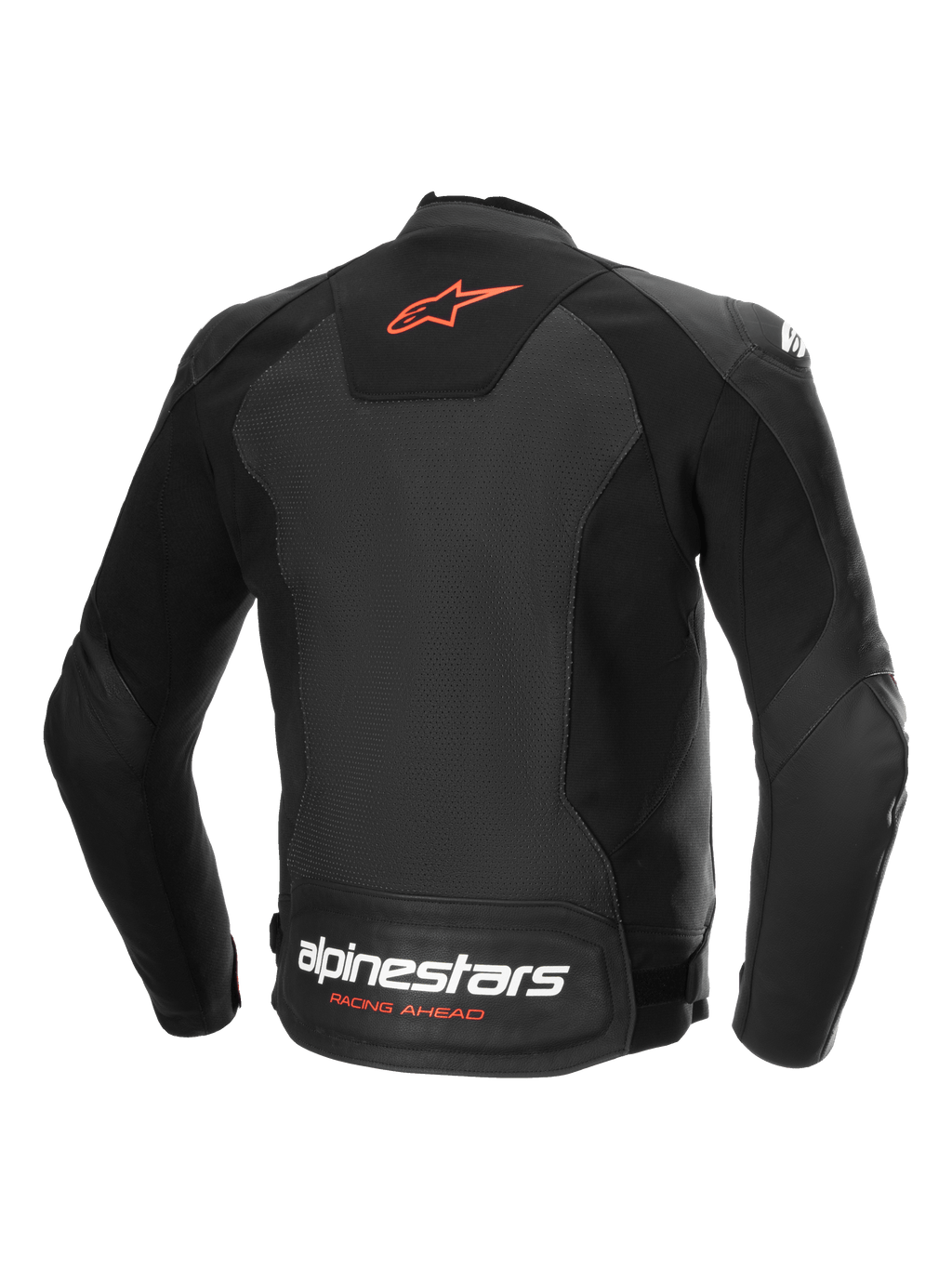 Alpinestars Faster V3 Airflow Leather Jacket, back view of the black and red sport motorcycle jacket with perforated leather and stretch panels