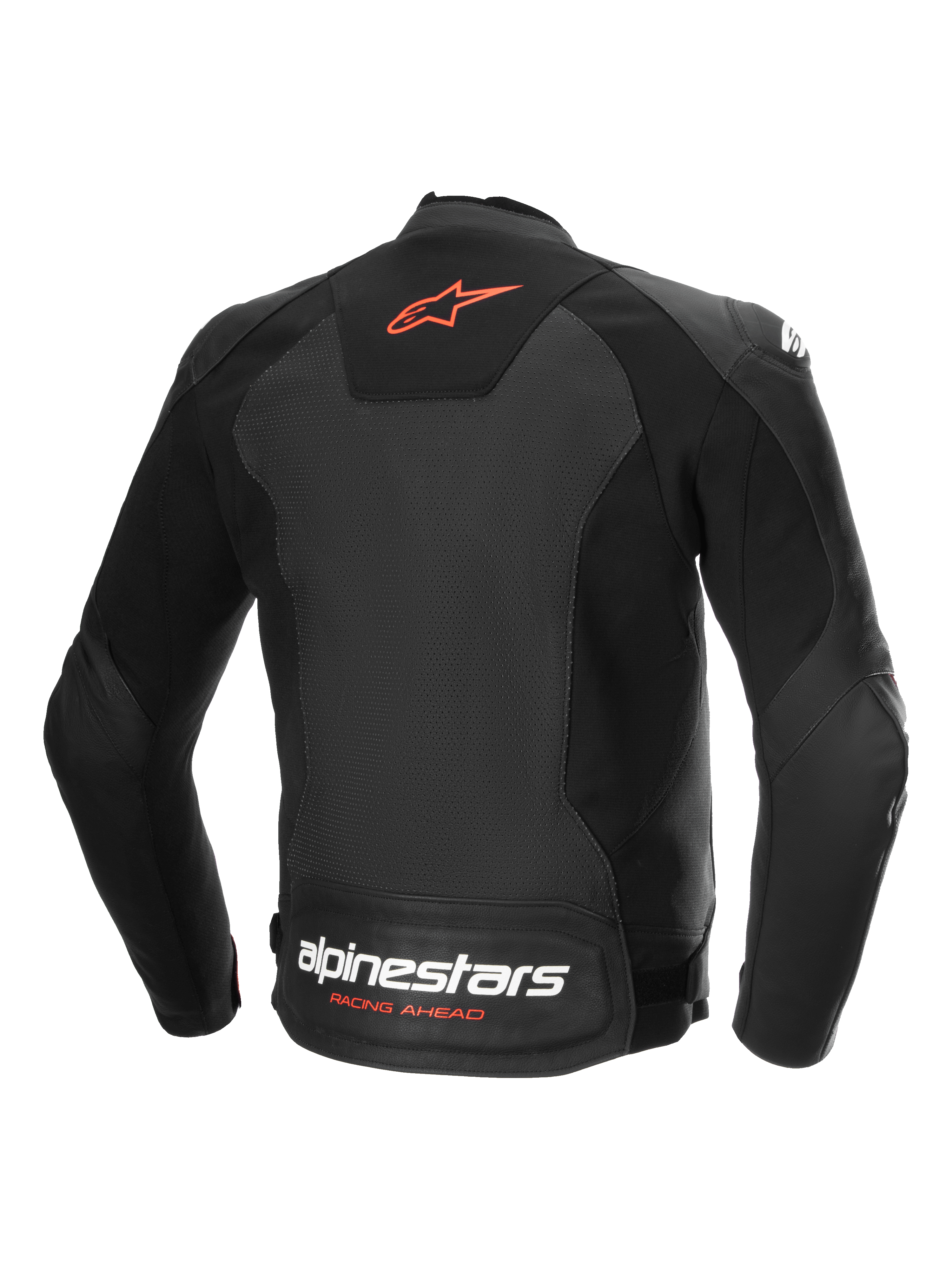 Alpinestars Faster V3 Airflow Leather Jacket, back view of the black and red sport motorcycle jacket with perforated leather and stretch panels
