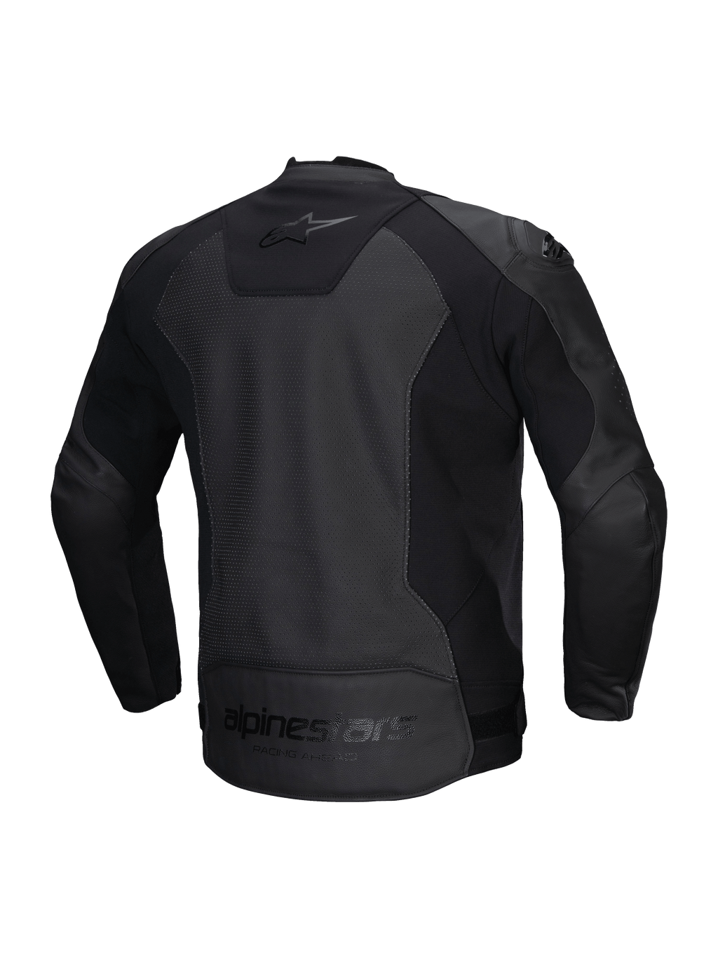 Alpinestars Faster V3 Airflow leren jas, heren-motorjas, zwart, CE-gecertificeerd met geperforeerd leer en stretchpanelen, achteraanzicht met stretchinzetstukken en branding