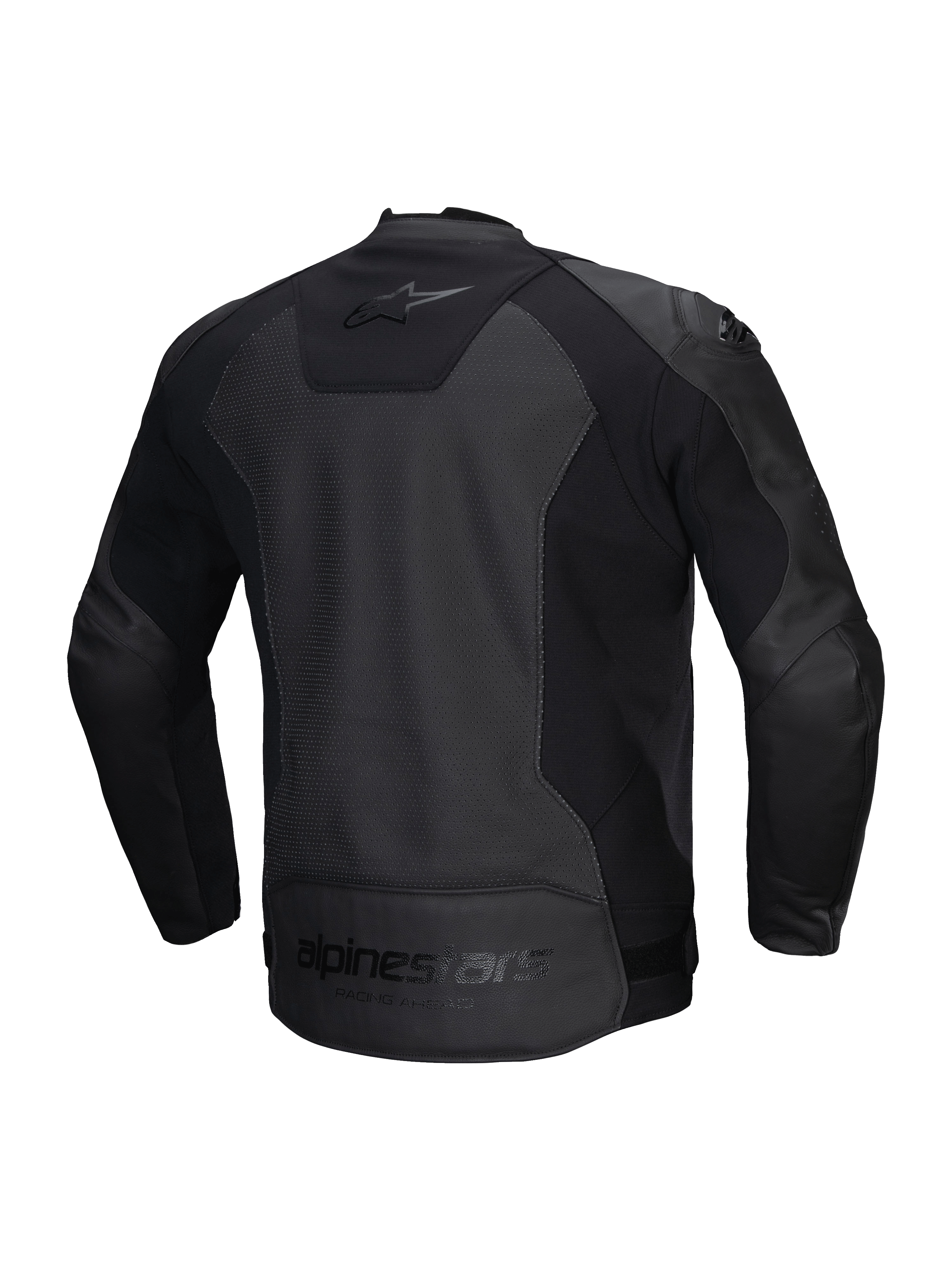 Alpinestars Faster V3 Airflow leren jas, heren-motorjas, zwart, CE-gecertificeerd met geperforeerd leer en stretchpanelen, achteraanzicht met stretchinzetstukken en branding