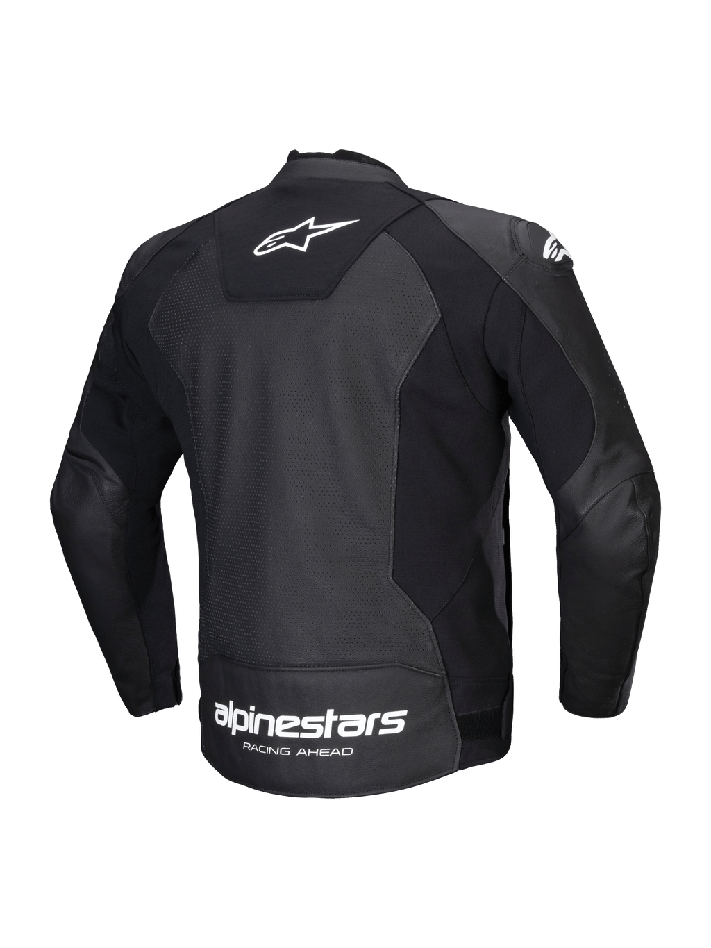 Alpinestars Faster V3 Airflow Lederjacke, Herren-Sportmotorrad-Lederjacke, Rückansicht, Schwarz und Weiß, CE-zertifiziert, mit HRSF-Stretcheinsätzen und perforierter Lederkonstruktion