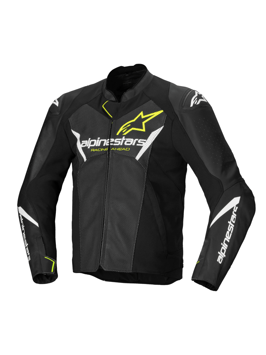 Alpinestars Veste En Cuir Faster V3 Airflow, veste de moto sportive pour homme, noire, blanche et jaune fluo, construction perforée avec protections d'épaules et certifiée CE