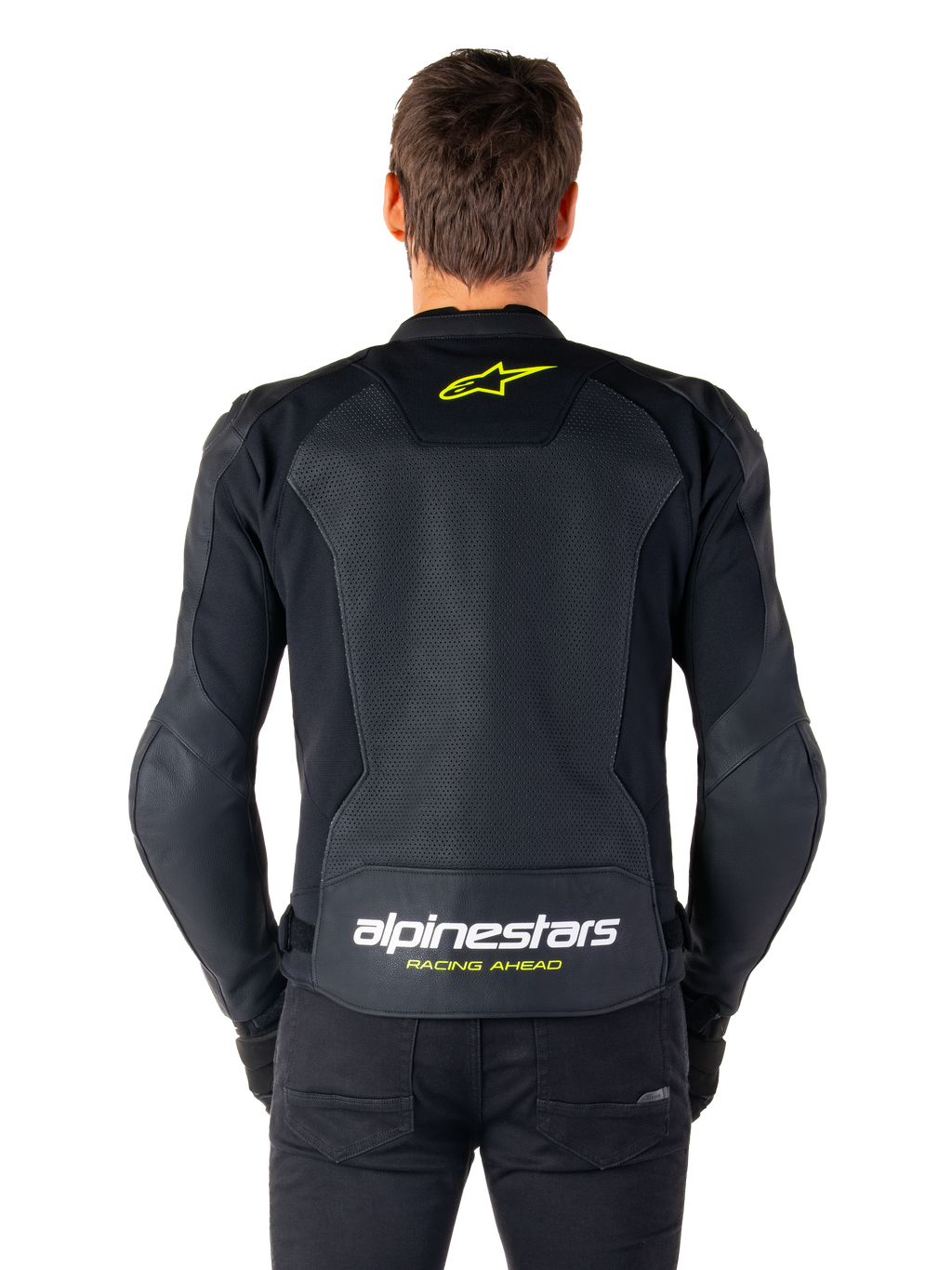 Veste en cuir Alpinestars Faster V3 Airflow, veste de moto sportive, noir avec accents jaune fluo, vue arrière montrant de larges panneaux en cuir perforé, logo étoile jaune en haut du dos et marquage imposant dans le bas du dos.