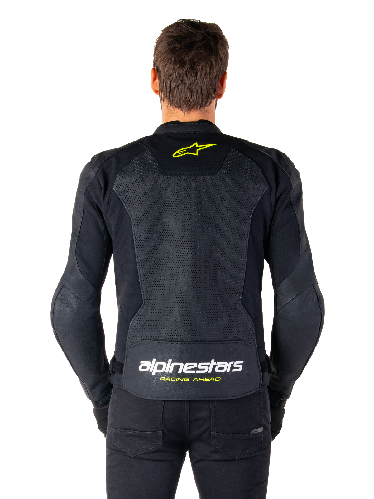 Alpinestars Faster V3 Airflow Leather Jacket, Sport Motorcycle Jacket, Black with Yellow Fluo accents, back view showing large perforated leather panels, yellow star logo on the upper back, and bold branding on the lower back.