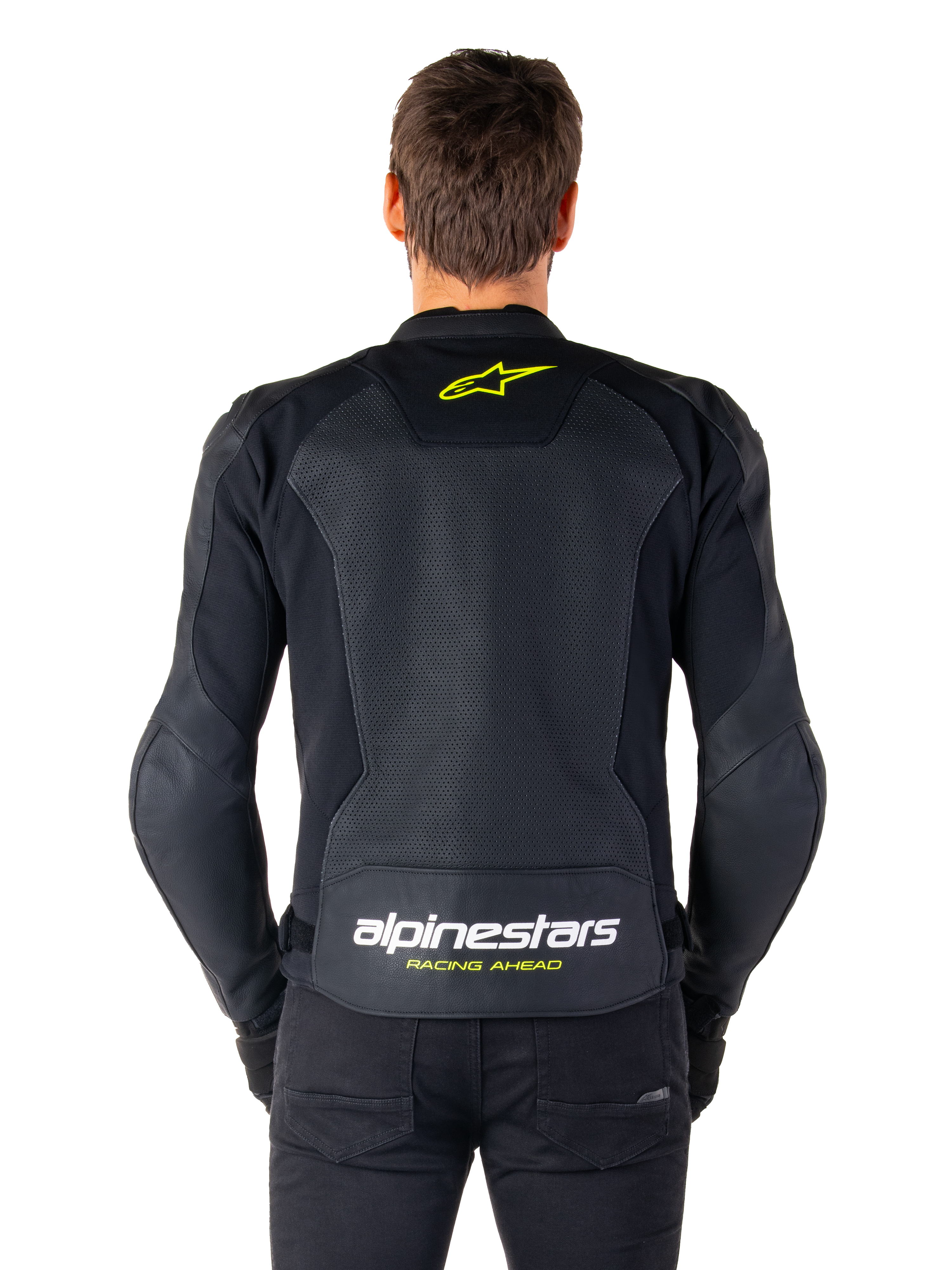 Veste en cuir Alpinestars Faster V3 Airflow, veste de moto sportive, noir avec accents jaune fluo, vue arrière montrant de larges panneaux en cuir perforé, logo étoile jaune en haut du dos et marquage imposant dans le bas du dos.