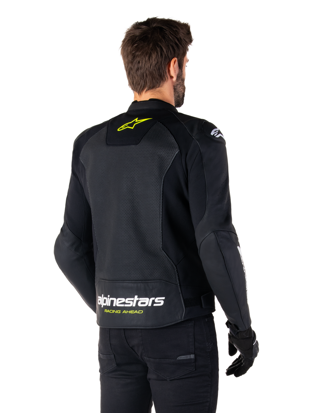 Veste en cuir Alpinestars Faster V3 Airflow, noir, blanc et jaune fluo, vue arrière, dotée d'un grand panneau dorsal en cuir perforé pour la ventilation, logo étoile jaune sur le col et marquage Alpinestars blanc avec texte « Racing Ahead » jaune sur l'ourlet inférieur, équipement de moto sportive
