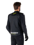 Veste en cuir Alpinestars Faster V3 Airflow, noir, blanc et jaune fluo, vue arrière, dotée d'un grand panneau dorsal en cuir perforé pour la ventilation, logo étoile jaune sur le col et marquage Alpinestars blanc avec texte « Racing Ahead » jaune sur l'ourlet inférieur, équipement de moto sportive
