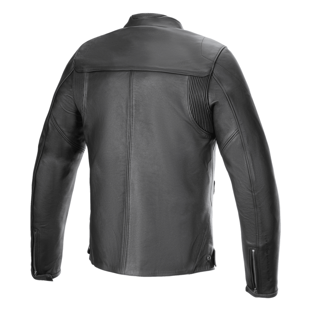 Veste en cuir Alpinestars Blacktrack, veste de moto, noir, vue de dos, construction en cuir de bovin premium, dotée de panneaux en accordéon aux épaules, poignets zippés et design urbain minimaliste