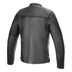 Veste en cuir Alpinestars Blacktrack, veste de moto, noir, vue de dos, construction en cuir de bovin premium, dotée de panneaux en accordéon aux épaules, poignets zippés et design urbain minimaliste