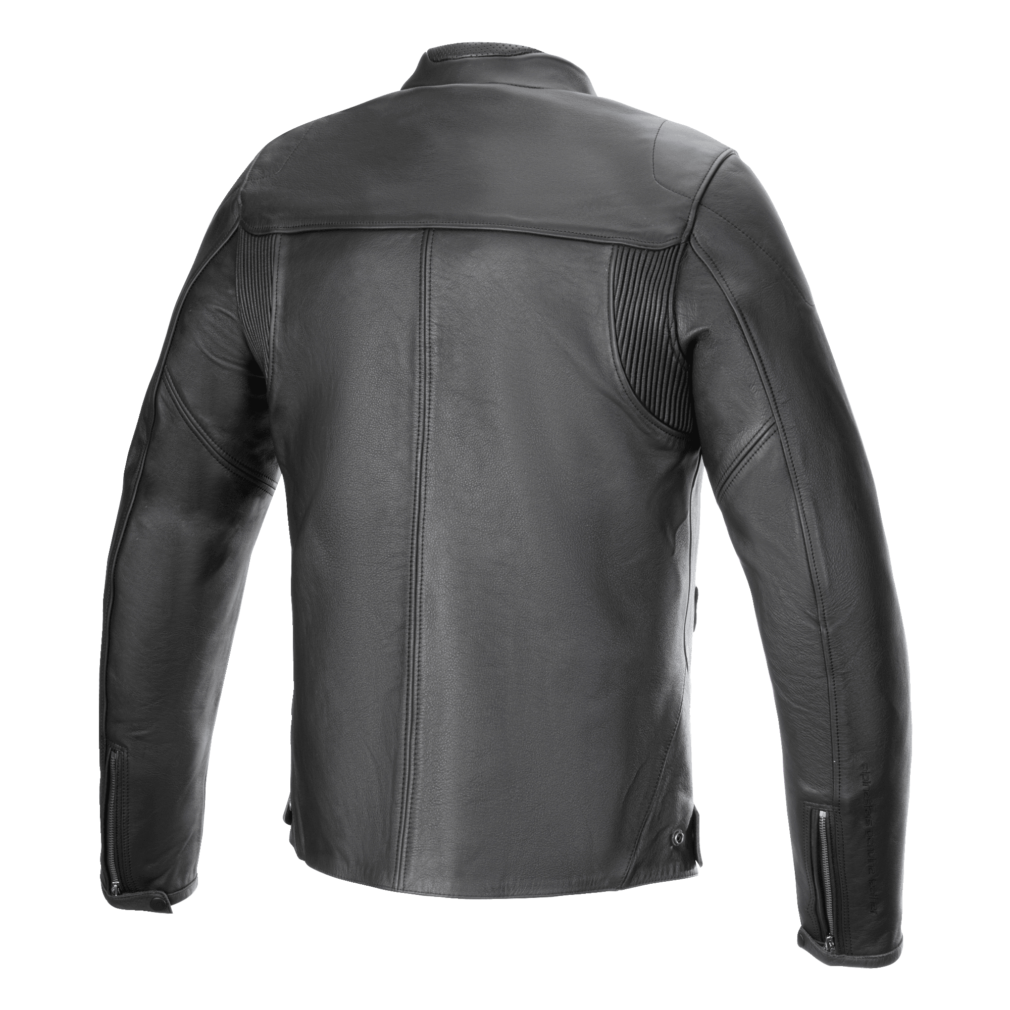 Veste en cuir Alpinestars Blacktrack, veste de moto, noir, vue de dos, construction en cuir de bovin premium, dotée de panneaux en accordéon aux épaules, poignets zippés et design urbain minimaliste