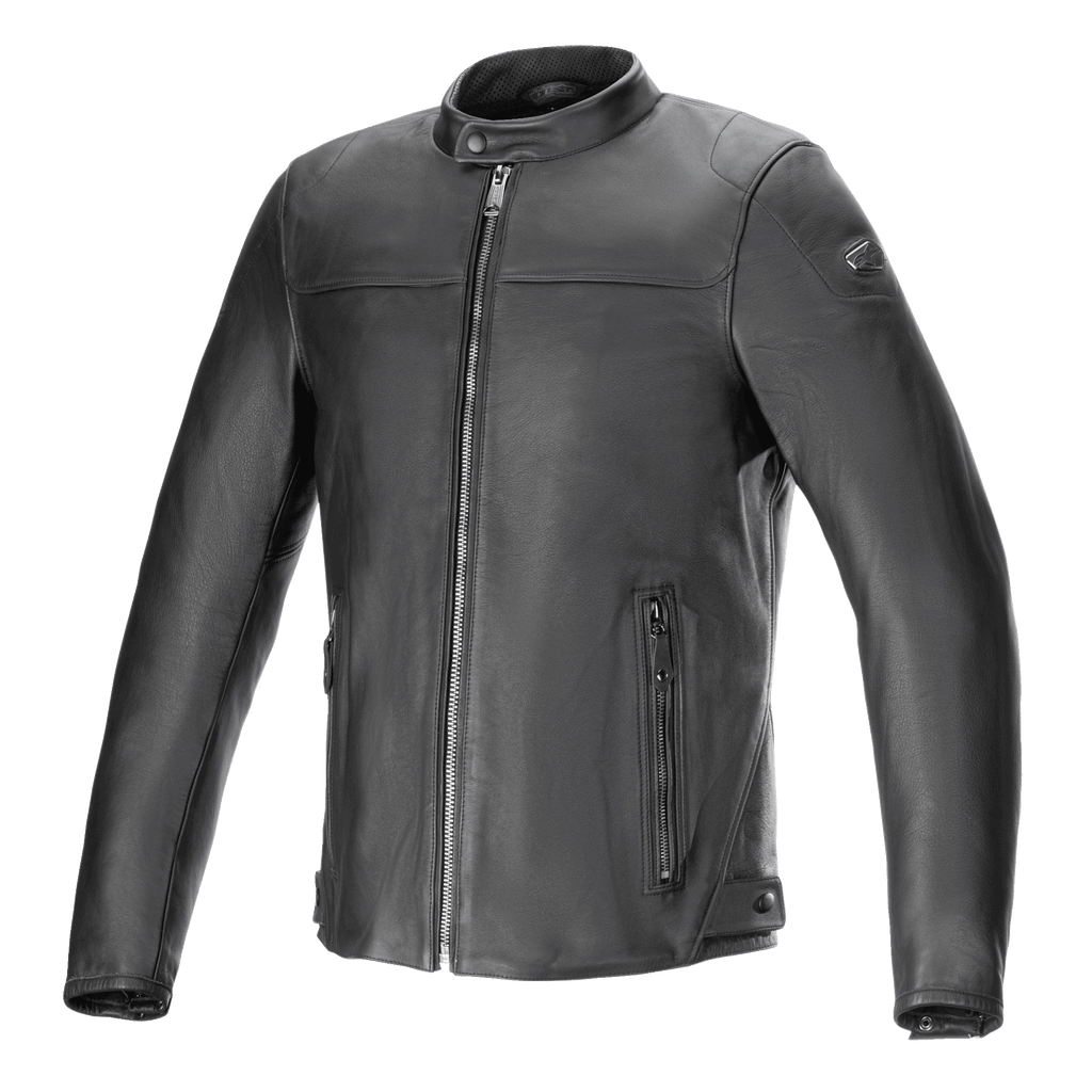 Veste en cuir Alpinestars Blacktrack, veste de moto, noire, cuir de bovin premium avec fermeture éclair métallique couleur canon de fusil et écusson d'épaule, col montant, poches latérales zippées et boutons de réglage à la taille, style urbain contemporain