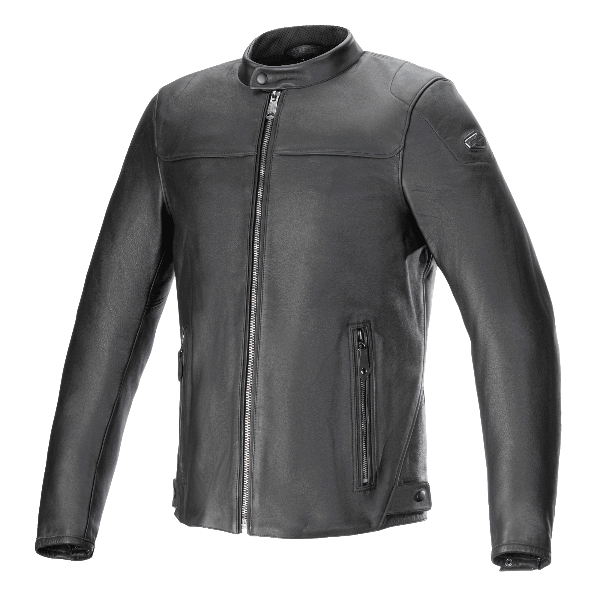 Veste en cuir Alpinestars Blacktrack, veste de moto, noire, cuir de bovin premium avec fermeture éclair métallique couleur canon de fusil et écusson d'épaule, col montant, poches latérales zippées et boutons de réglage à la taille, style urbain contemporain