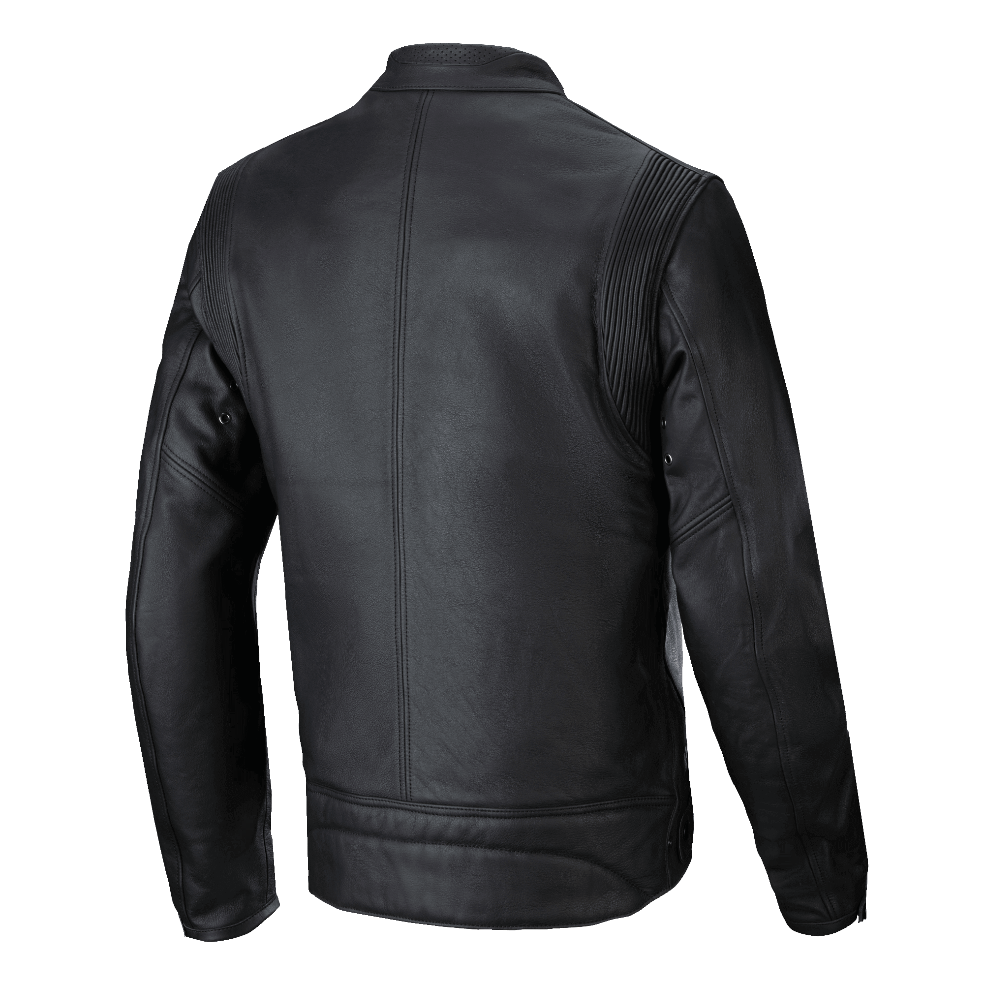 Alpinestars Dyno Leren Jas, zwart, achteraanzicht, op erfgoed geïnspireerde motorjas van premium rundleer, voorzien van accordeon stretchpanelen bij de schouders en een strakke verticale middennaad.