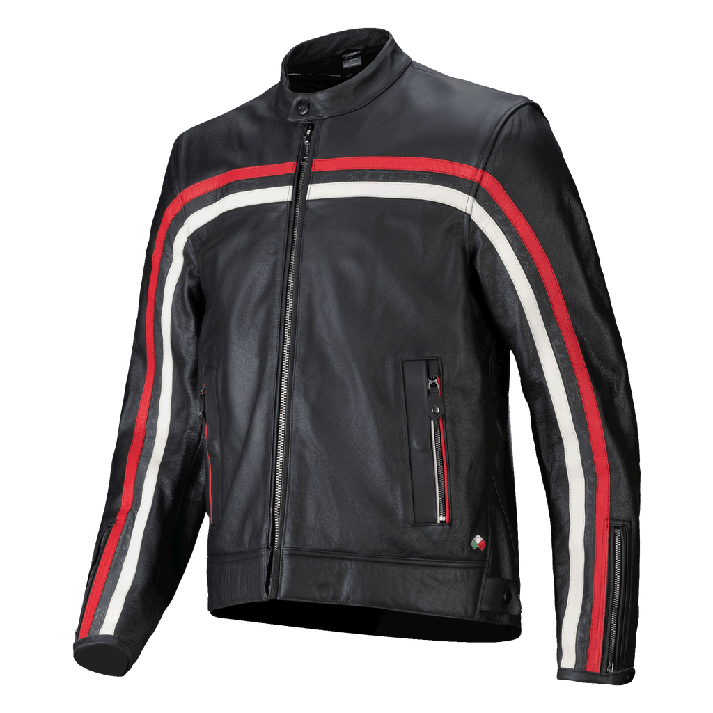 Alpinestars Dyno Leren Jas, zwart met robijnrode en ecru racestrepen, premium leren motorjas, ritssluiting aan de voorzijde, opstaande kraag, handzakken met rits, embleem met de Italiaanse vlag, sportief erfgoedontwerp