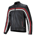 Alpinestars Dyno Leren Jas, zwart met robijnrode en ecru racestrepen, premium leren motorjas, ritssluiting aan de voorzijde, opstaande kraag, handzakken met rits, embleem met de Italiaanse vlag, sportief erfgoedontwerp