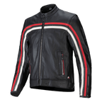 Alpinestars Dyno Leren Jas, zwart met robijnrode en ecru racestrepen, premium leren motorjas, ritssluiting aan de voorzijde, opstaande kraag, handzakken met rits, embleem met de Italiaanse vlag, sportief erfgoedontwerp