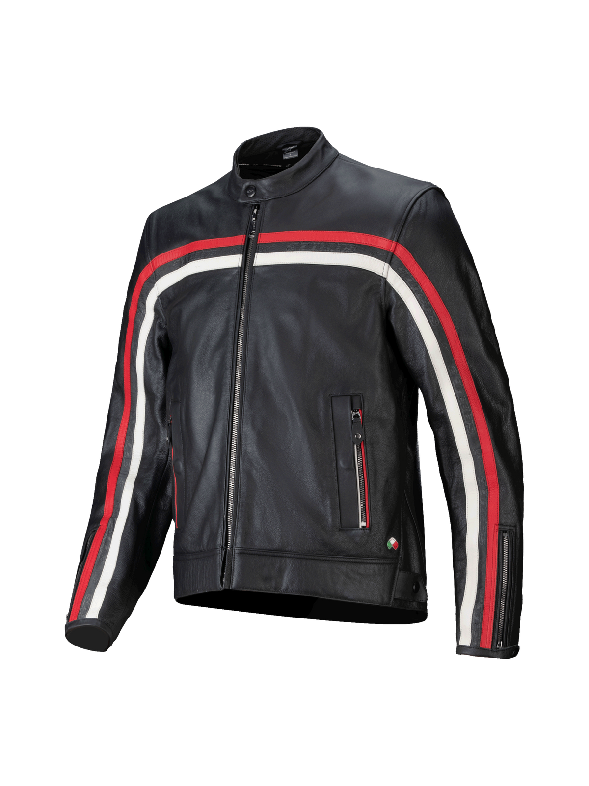 Veste en cuir Dyno Alpinestars, blouson de moto noir en cuir de bovin avec bandes rouges et écrues, compatible Tech-Air.