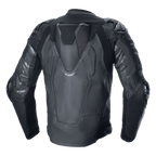 Veste en cuir Alpinestars Atem V5, veste de course moto, noir, vue arrière montrant la bosse aérodynamique, protections d'épaules et de coudes DFS RR, construction en cuir technique avec panneaux extensibles et logo Alpinestars sur les manches