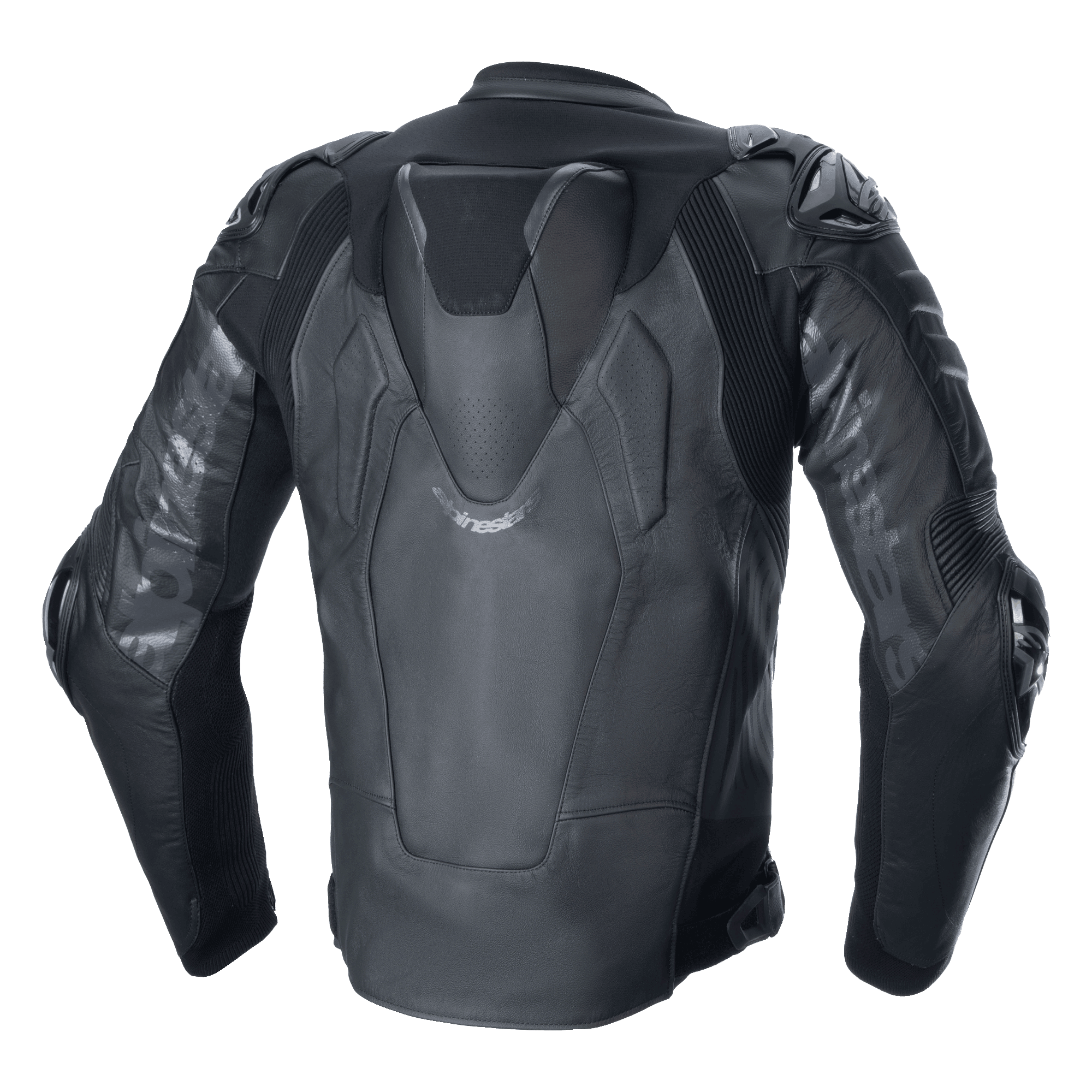 Veste en cuir Alpinestars Atem V5, veste de course moto, noir, vue arrière montrant la bosse aérodynamique, protections d'épaules et de coudes DFS RR, construction en cuir technique avec panneaux extensibles et logo Alpinestars sur les manches