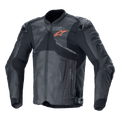 Veste en cuir Alpinestars Atem V5, veste de course de moto noire et gris foncé, logo étoile orange sur la poitrine, panneaux en cuir perforés pour la ventilation, protections rigides aux épaules et aux coudes, construction en cuir et textile avec design aérodynamique pour la conduite sportive