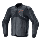 Veste en cuir Alpinestars Atem V5, veste de course de moto noire et gris foncé, logo étoile orange sur la poitrine, panneaux en cuir perforés pour la ventilation, protections rigides aux épaules et aux coudes, construction en cuir et textile avec design aérodynamique pour la conduite sportive