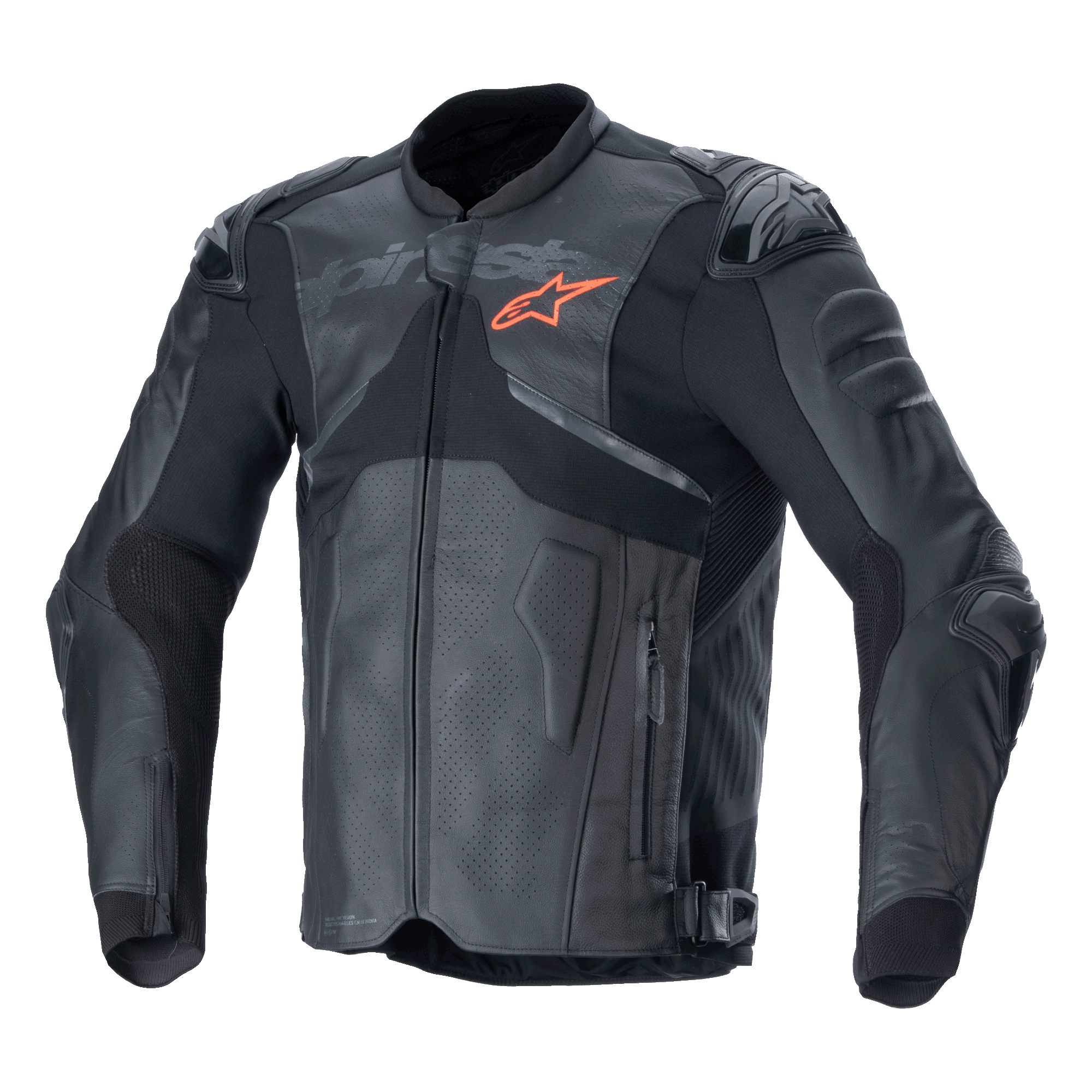 Veste en cuir Alpinestars Atem V5, veste de course de moto noire et gris foncé, logo étoile orange sur la poitrine, panneaux en cuir perforés pour la ventilation, protections rigides aux épaules et aux coudes, construction en cuir et textile avec design aérodynamique pour la conduite sportive