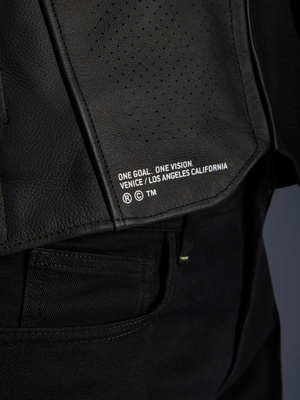 Close-up van de Alpinestars Atem V5 leren jas in het zwart, met het onderste rugpaneel voorzien van 'ONE GOAL. ONE VISION. VENICE / LOS ANGELES CALIFORNIA' branding en een geperforeerde leerstructuur.