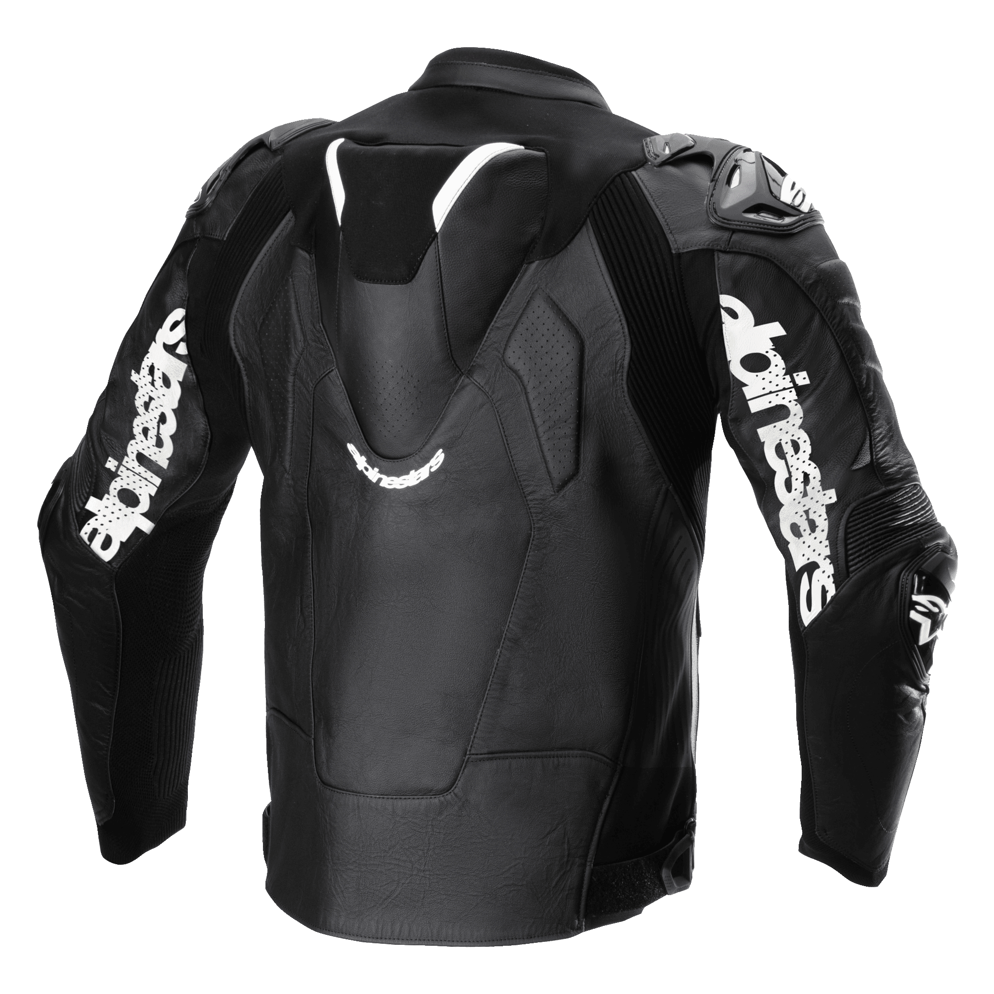 Alpinestars Atem V5 Leren Jas, zwart en wit, achteraanzicht met aerodynamische snelheidsbult, witte Alpinestars-branding op de mouwen, geperforeerde leren delen en technische stretchpanelen voor racing en sportief rijden.