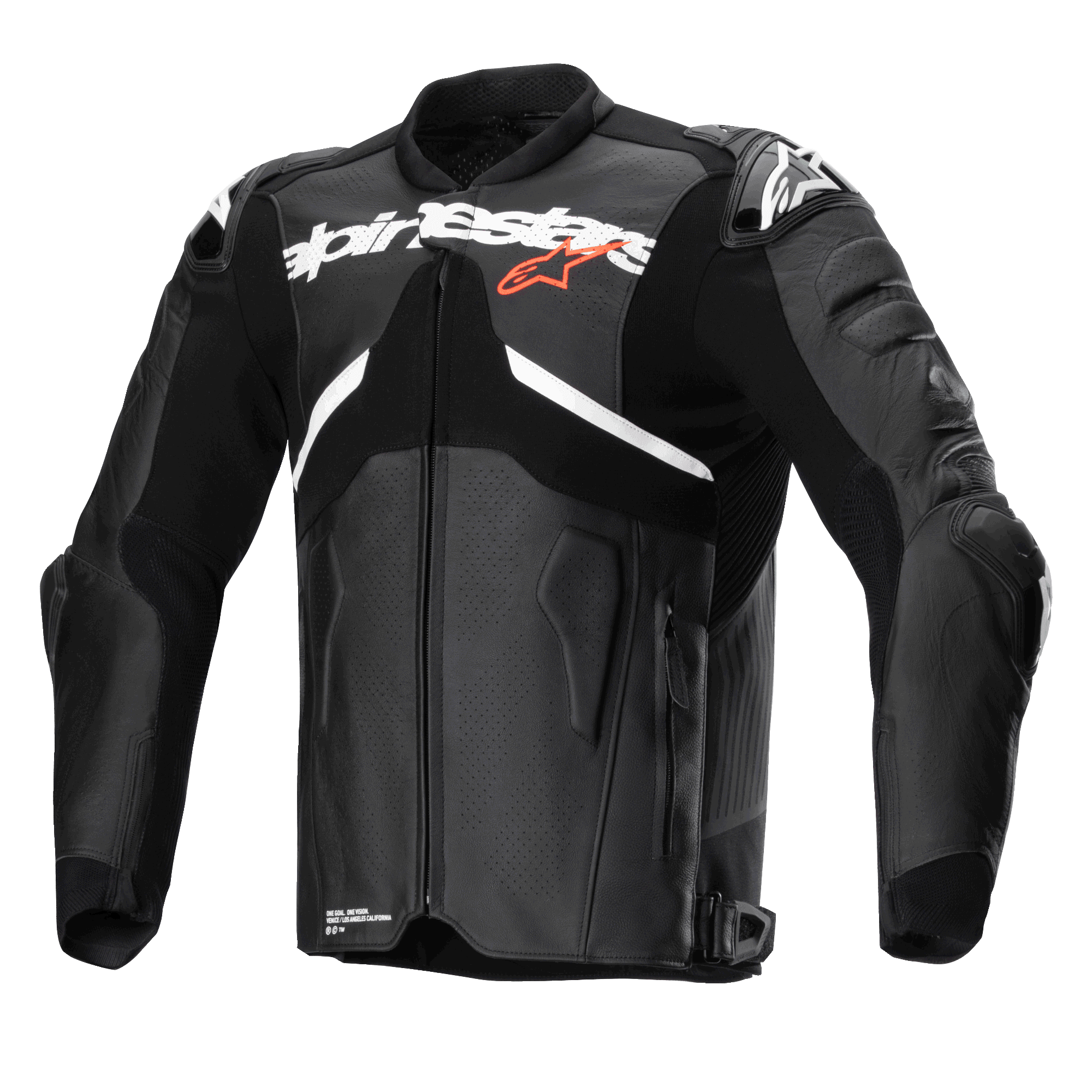 Alpinestars Atem V5 Leren Jas, zwart en wit, professionele motorracejas, voorzien van een groot wit Alpinestars-logo over de borst met een kleine rode ster, geperforeerde leren panelen, geïntegreerde DFS RR-schouderbeschermers en een gestroomlijnd aerodynamisch ontwerp voor sportmotorrijden.