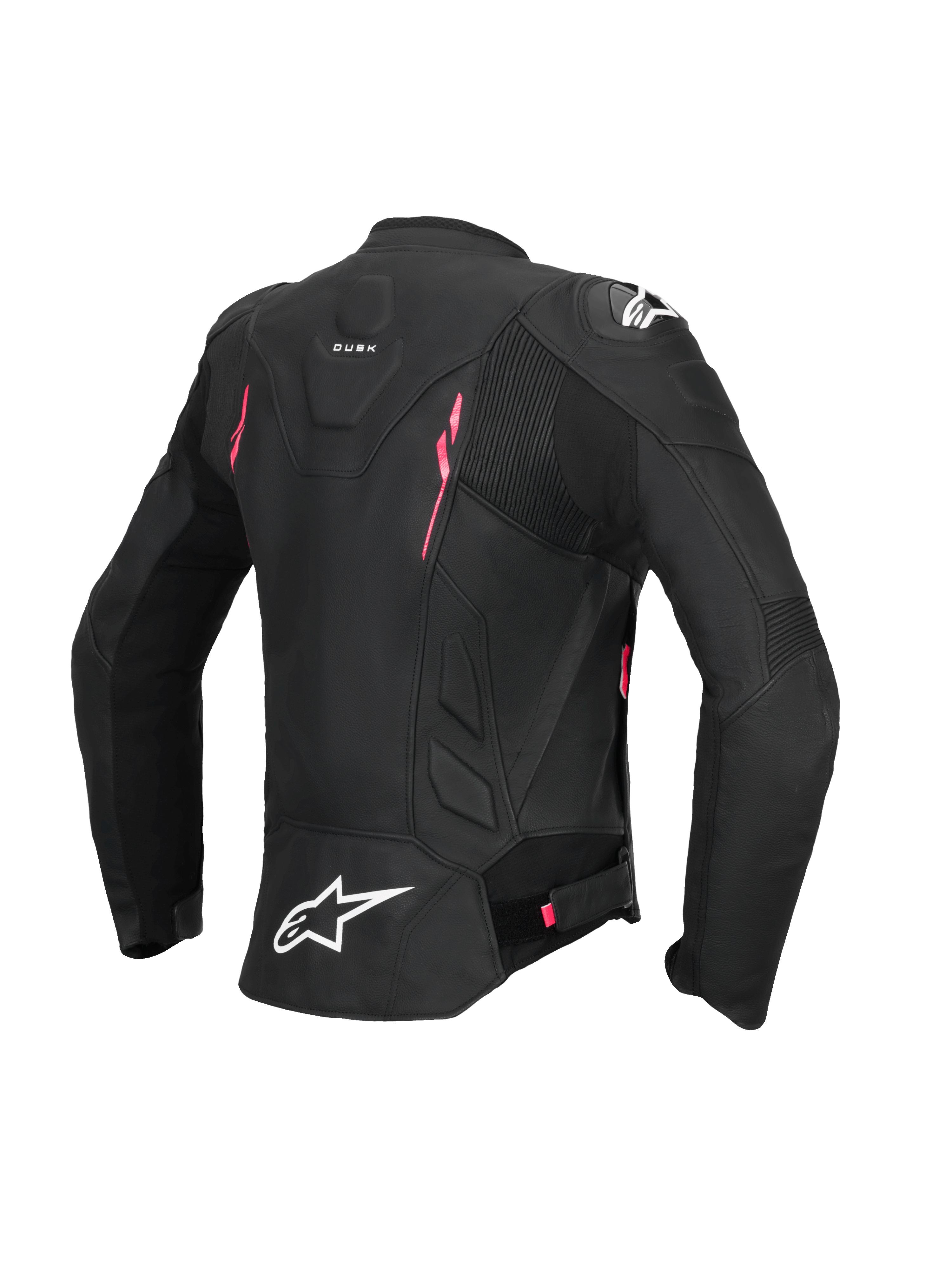 Alpinestars Stella Dusk Leather Jacket, Women's Motorcycle Riding Jacket, Black with Diva Pink and White accents, rear view showing CE AA certified leather construction, accordion stretch panels, and external DFS shoulder protection
