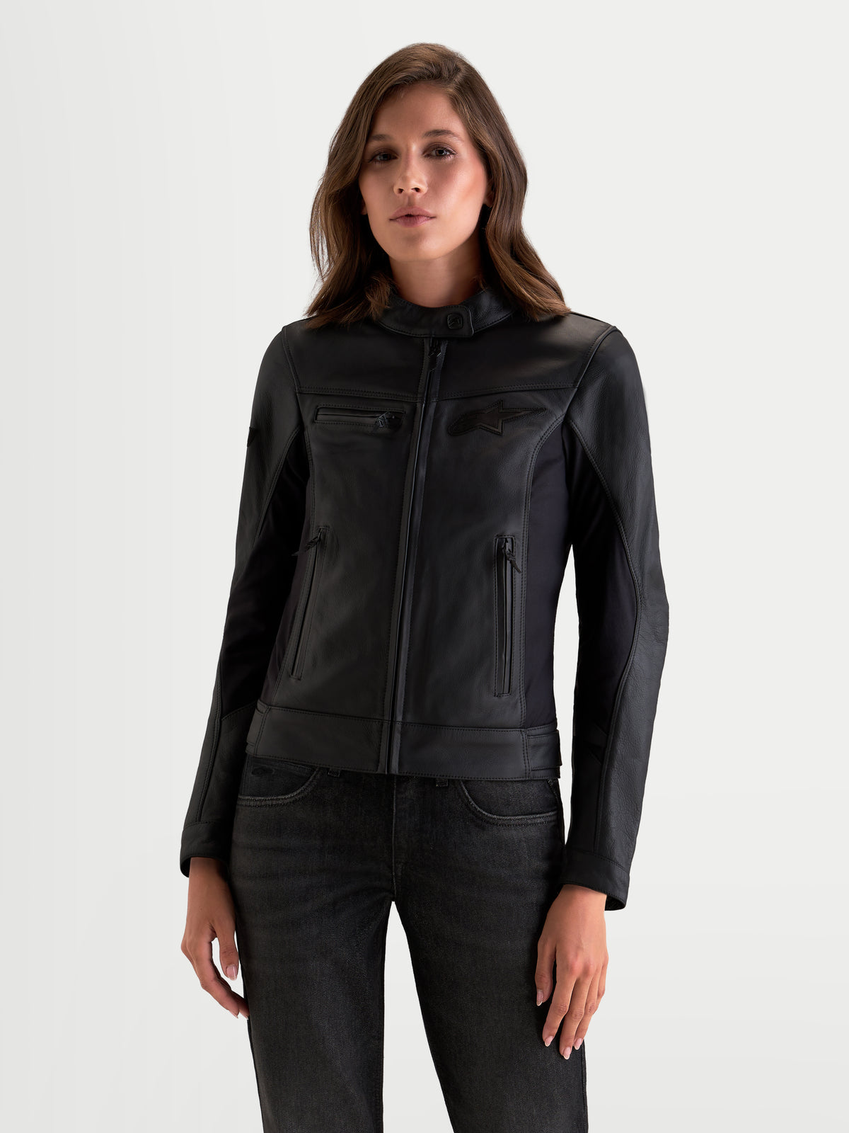 Alpinestars Stella Maver-X Leather Jacket, women's urban motorcycle leather jacket in black, front view worn by a model showing premium bovine leather construction and biker collar