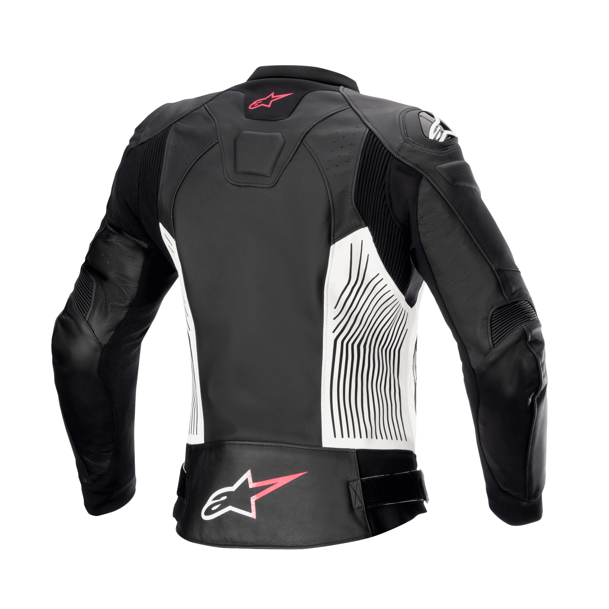 Veste en cuir Alpinestars Stella GP Plus V4 pour femme, noir, blanc et rose Diva, vue arrière, avec panneaux latéraux blancs et lignes graphiques noires, logos Alpinestars roses et blancs sur le haut et le bas du dos, et panneaux extensibles en accordéon pour une mobilité accrue.