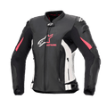 Blouson en cuir Alpinestars Stella GP Plus V4 pour femme, blouson de moto racing, noir avec accents blancs et rose Diva, construction en cuir premium, fermetures éclair frontales et abdominales, sangles de réglage à la taille, épaules rembourrées, silhouette féminine