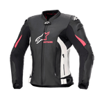 Blouson en cuir Alpinestars Stella GP Plus V4 pour femme, blouson de moto racing, noir avec accents blancs et rose Diva, construction en cuir premium, fermetures éclair frontales et abdominales, sangles de réglage à la taille, épaules rembourrées, silhouette féminine