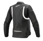Alpinestars Women Stella Kira V2 Leather Jacket, Black and White, rear view highlighting accordion stretch panels on the back and elbows, elongated rear for riding coverage, and white Alpinestars logo on the upper back, premium bovine leather construction.
