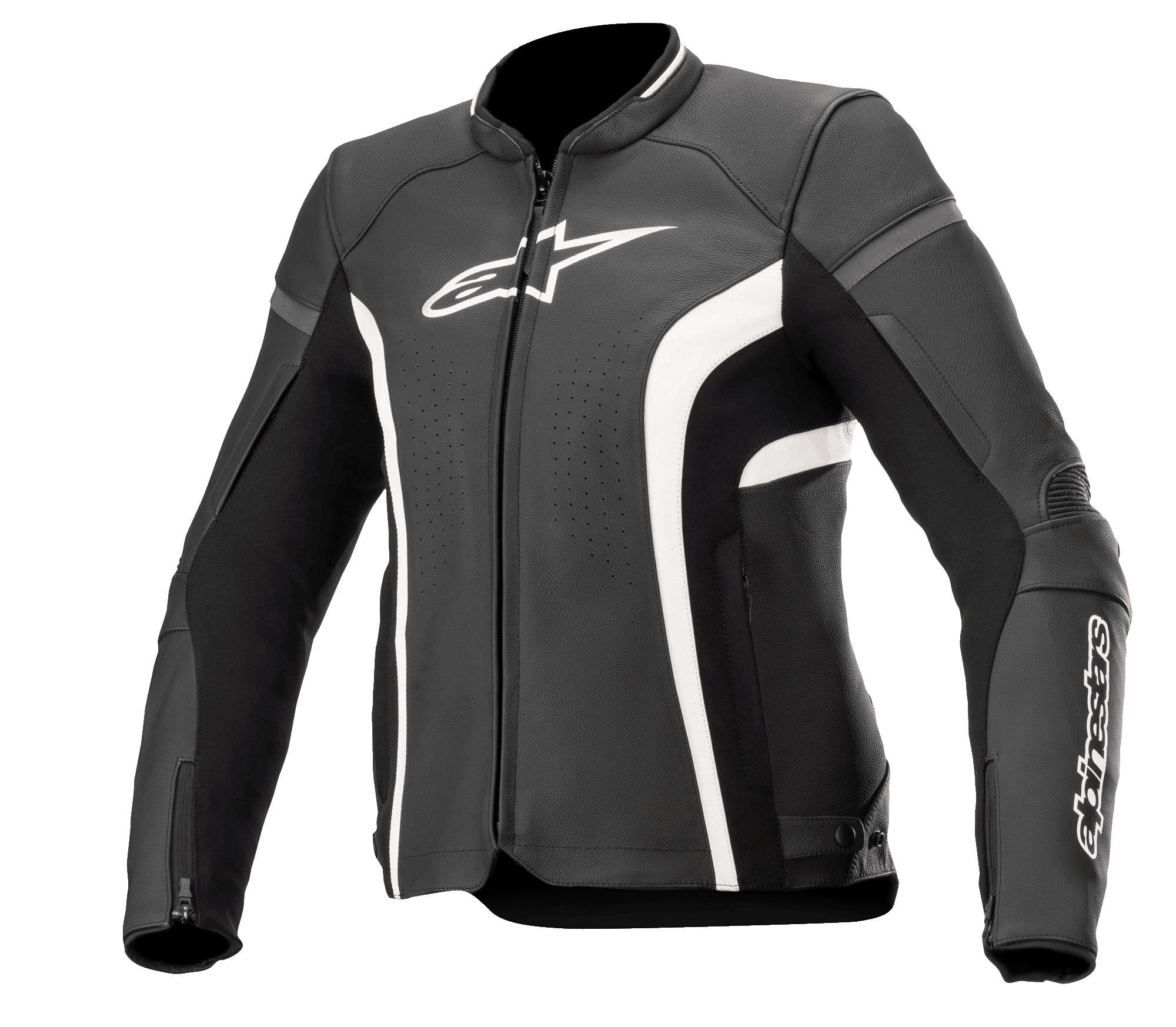 Veste en cuir pour femme Alpinestars Stella Kira V2, noire et blanche, dotée de panneaux de ventilation perforés, logos blancs sur la poitrine et la manche, poignets zippés et coupe ajustée haute performance pour la conduite sur route.