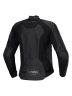 Blouson en cuir Alpinestars Stella Faster V3 pour femme, blouson de moto en cuir, noir, vue de dos présentant le marquage Alpinestars sur le haut et le bas du dos, empiècements extensibles pour la mobilité et partie arrière allongée pour une meilleure couverture.