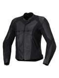 Alpinestars Stella Faster V3, blouson de moto sportif en cuir pour femme, noir et gris foncé, construction en cuir premium et textile avec panneaux extensibles HRSF, protection certifiée CE, col haut avec fermeture éclair frontale, coupe ajustée dérivée de la course