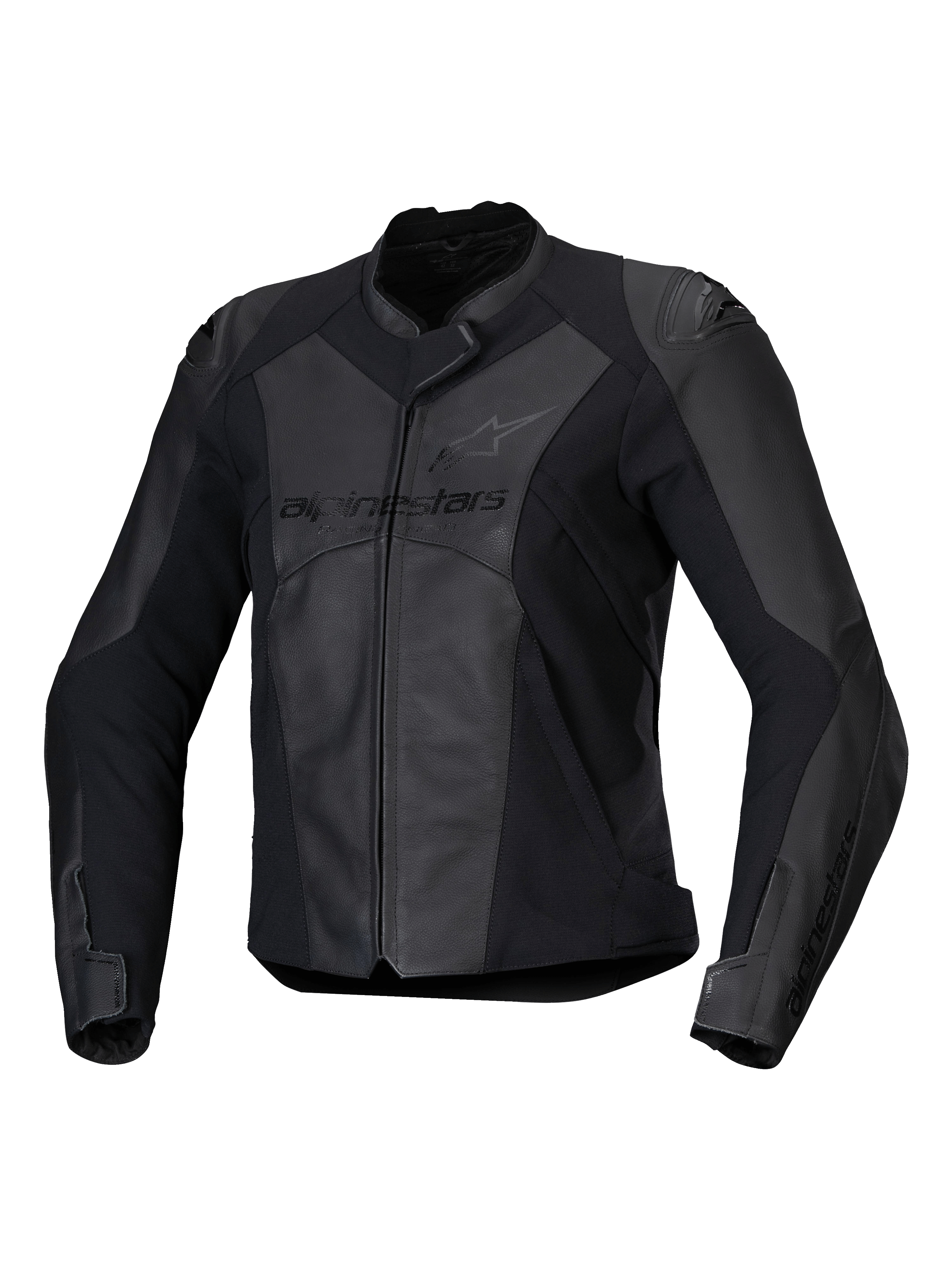 Alpinestars Stella Faster V3 Lederjacke, Damen Sport-Motorradjacke, Schwarz und Dunkelgrau, hochwertige Leder- und Textilkonstruktion mit HRSF-Stretcheinsätzen, CE-zertifizierter Schutz, hoher Kragen und durchgehender Frontreißverschluss, schlanke vom Rennsport abgeleitete Passform