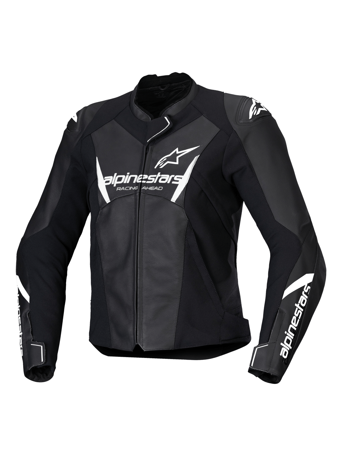 Alpinestars Stella Faster V3 Leather Jacket, Women's Motorcycle Racing Jacket, Black and White, featuring white Alpinestars branding on the chest and sleeves, premium leather construction with reinforced shoulders, aerodynamic sport design